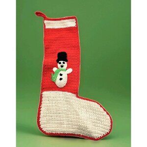 Vintage Crochet Lg 21" Christmas Stocking Smiling Snowman Handmade Kitsch MCM